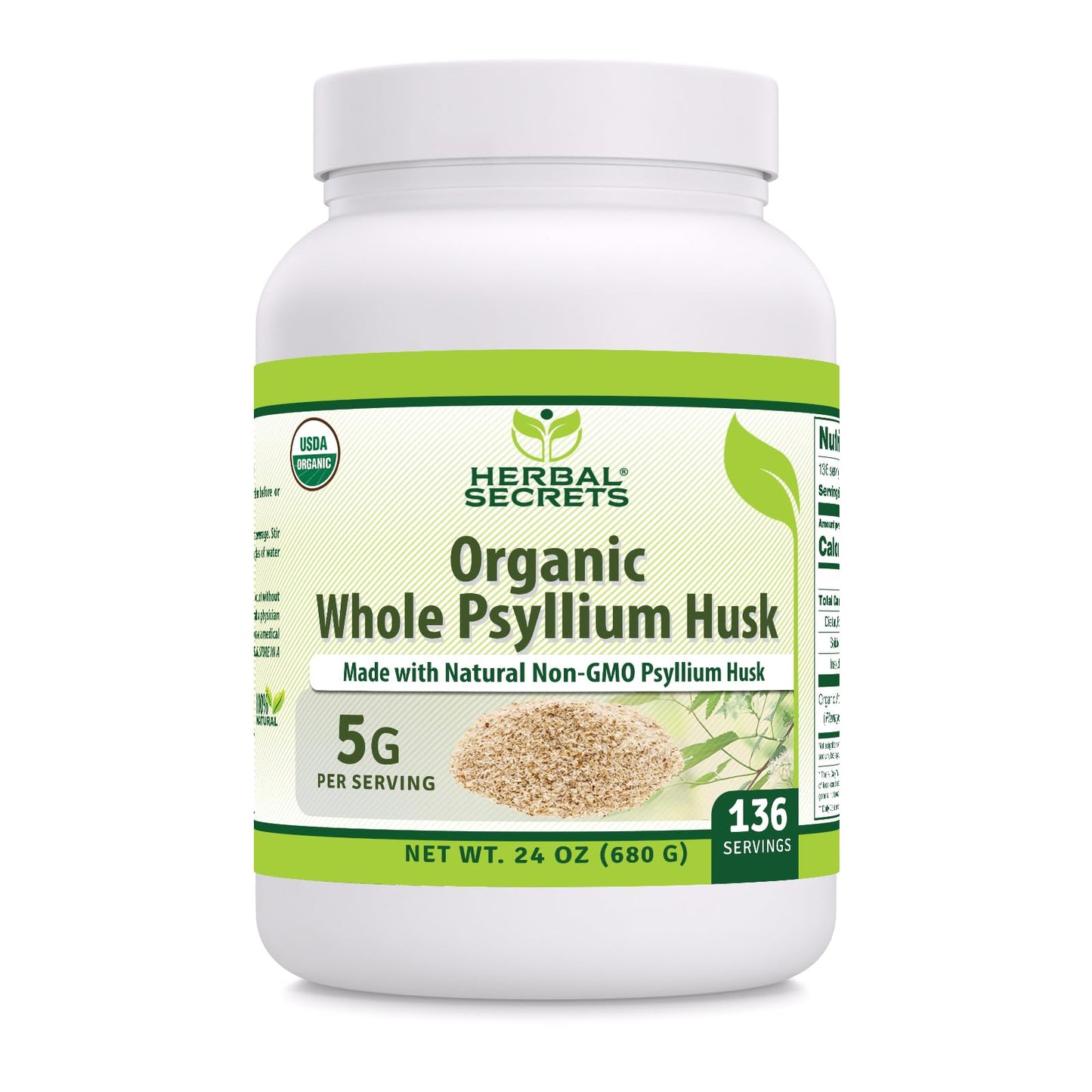 Herbal Secrets Psyllium Husk Powder - 5g per Serving, Non-GMO, Gluten-Free, Made in USA