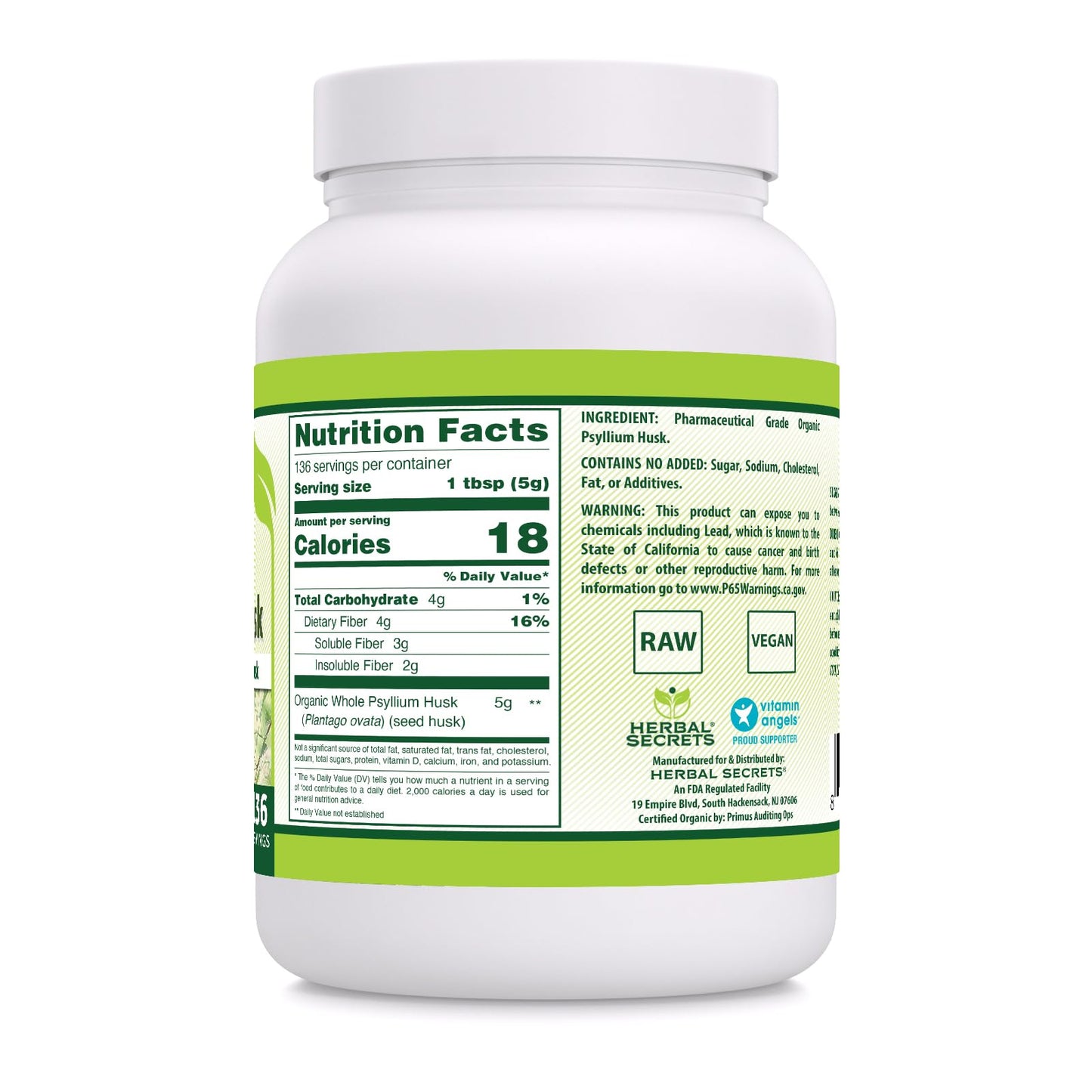 Herbal Secrets Psyllium Husk Powder - 5g per Serving, Non-GMO, Gluten-Free, Made in USA