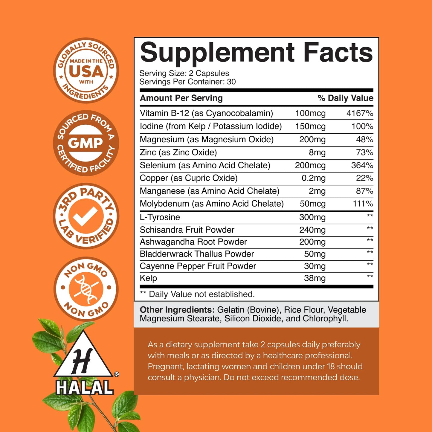 Herbal Thyroid Support Complex - Kelp Iodine, L-Tyrosine & Ashwagandha (60 Capsules)