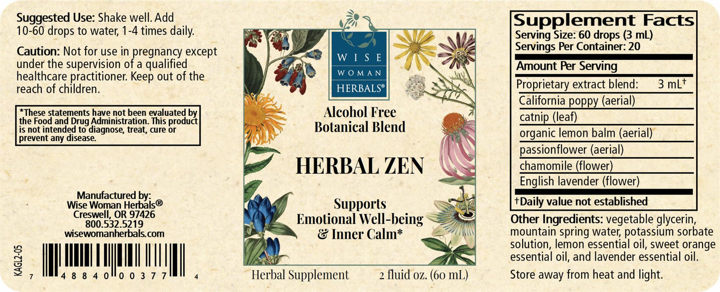 Wise Woman Herbals Herbal Zen – Alcohol-Free Mood Support Glycerite, 2 oz