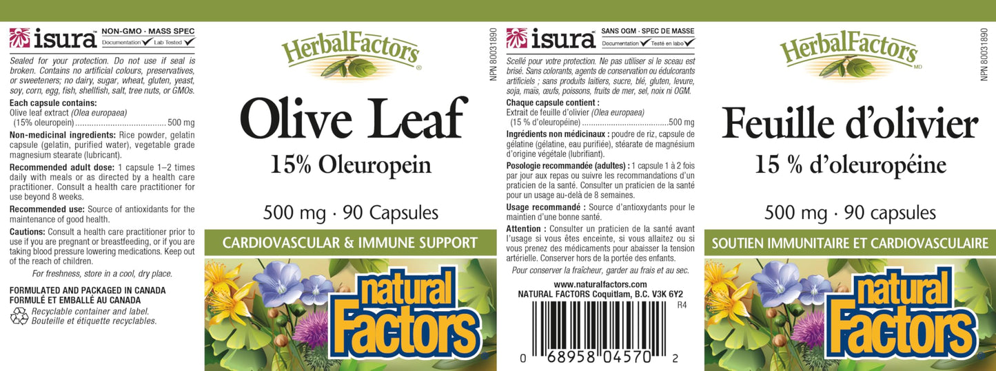 HerbalFactors by Natural Factors - Olive Leaf 500 mg | Natural Wellness Formula | 90 Capsules