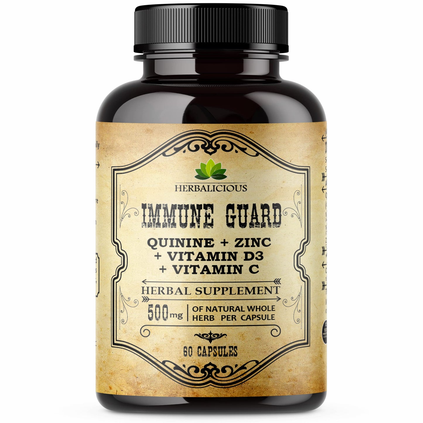 HERBALICIOUS Quinine Immune Guard | Quinine Capsules with Vitamin C, D3 & Zinc – 60 Capsules