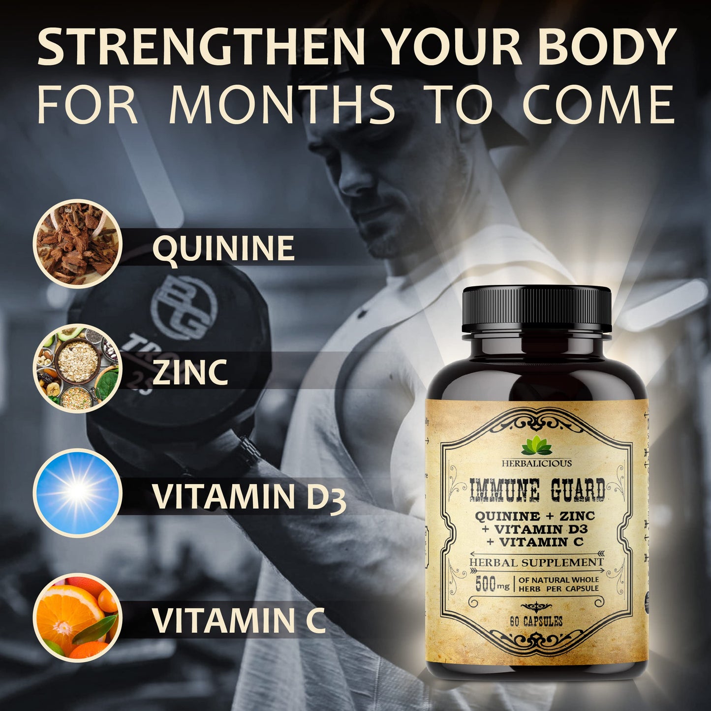 HERBALICIOUS Quinine Immune Guard | Quinine Capsules with Vitamin C, D3 & Zinc – 60 Capsules