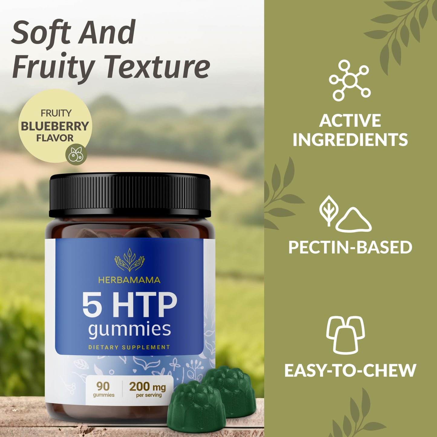 HERBAMAMA 5-HTP Gummies – 200mg Calm & Relaxation | Vegan, Non-GMO Blueberry (90)