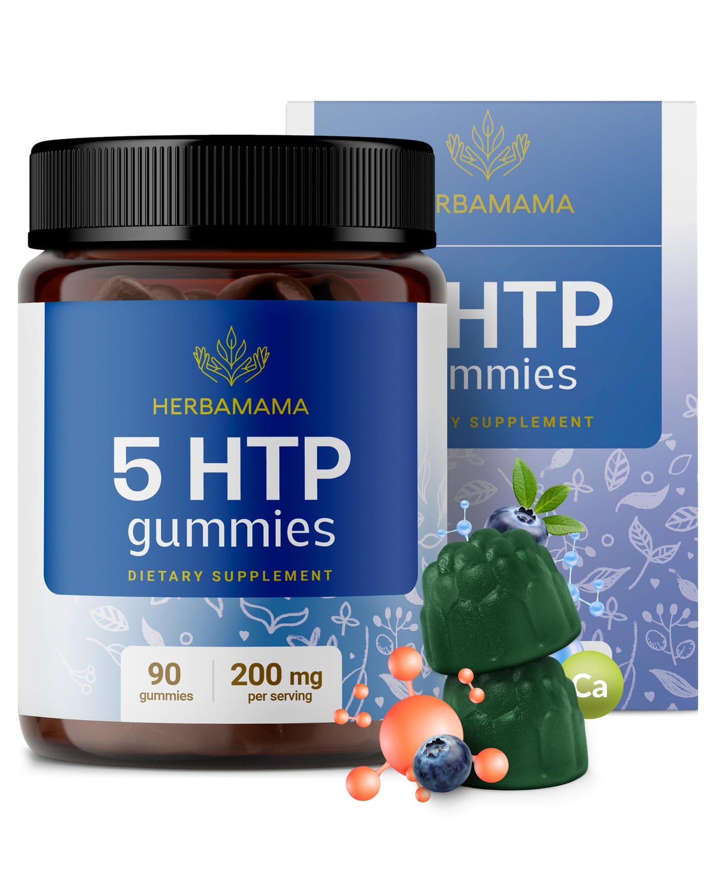 HERBAMAMA 5-HTP Gummies – 200mg Calm & Relaxation | Vegan, Non-GMO Blueberry (90)