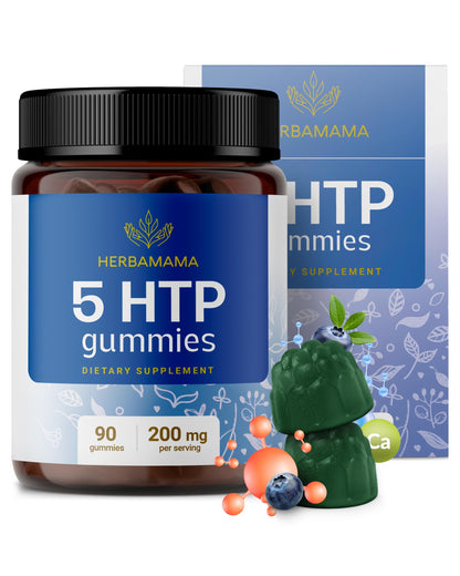 HERBAMAMA 5-HTP Gummies – 200mg Calm & Relaxation | Vegan, Non-GMO Blueberry (90)