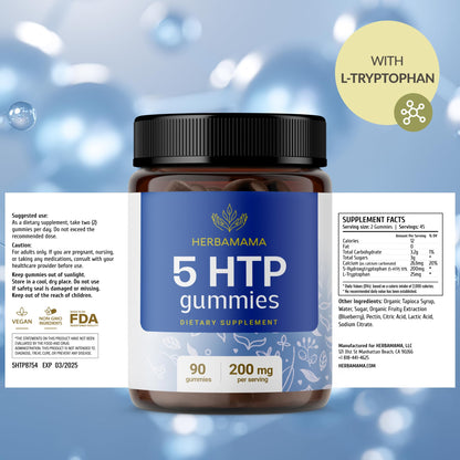 HERBAMAMA 5-HTP Gummies – 200mg Calm & Relaxation | Vegan, Non-GMO Blueberry (90)