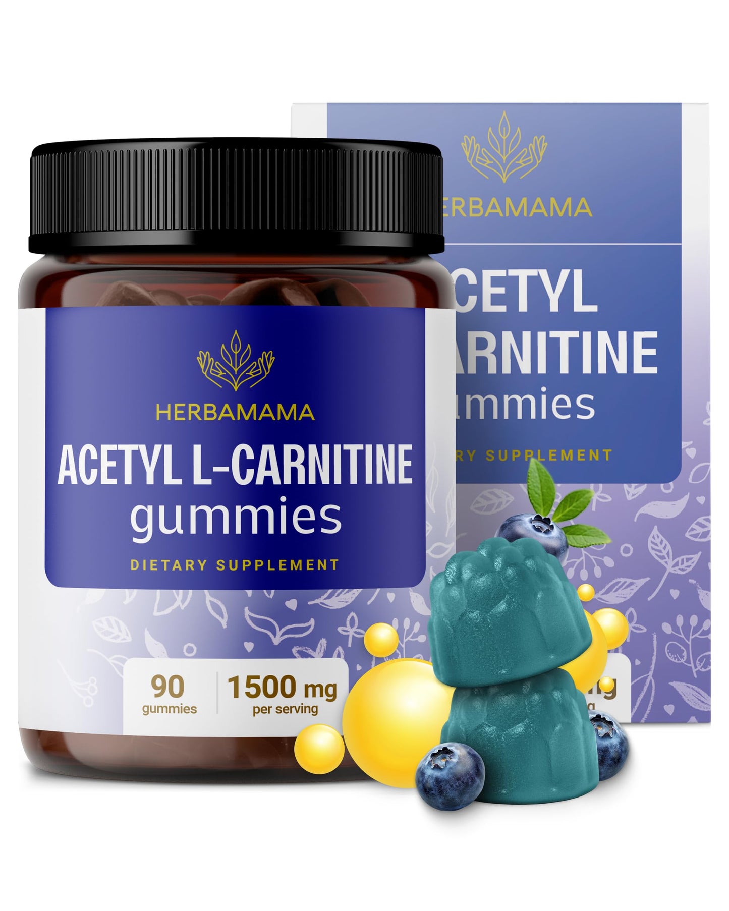 Herbamama ALCAR 1500mg Gummies – Vegan, Non-GMO Blueberry, 90 Chews