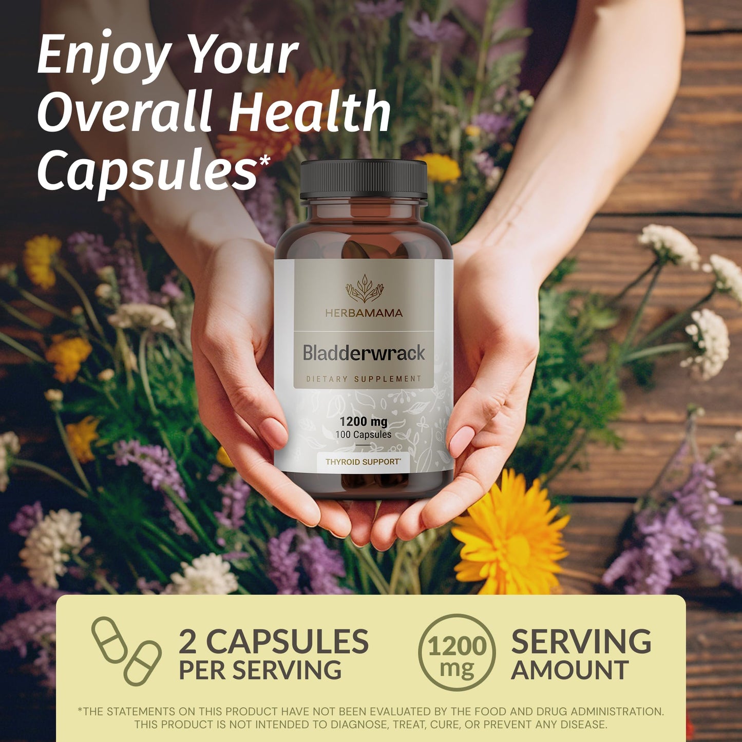 HERBAMAMA Bladderwrack Capsules - 1200mg, Vegan & Non-GMO Iodine Source