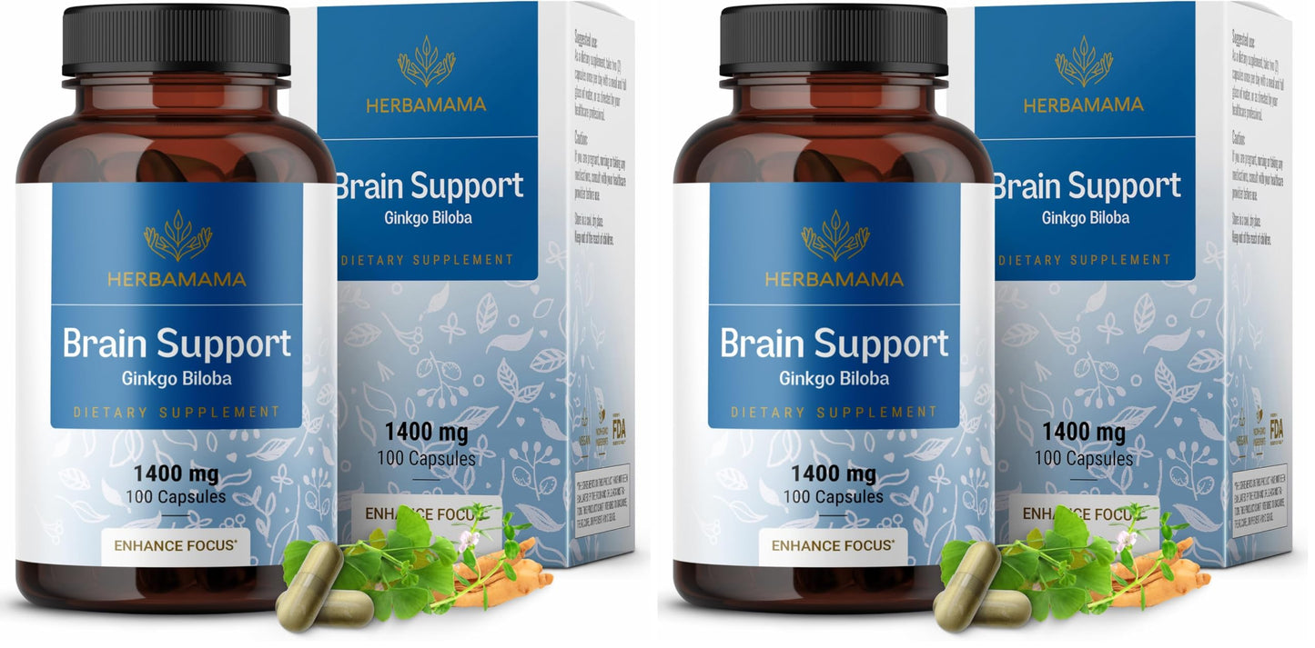 HERBAMAMA Brain Support Capsules – 1400mg Focus Supplement with Bacopa, Ginseng & Ginkgo | Vegan, Non-GMO, 100 Caps (Pack of 2)