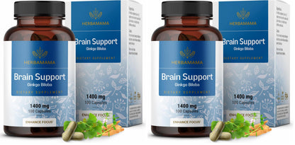 HERBAMAMA Brain Support Capsules – 1400mg Focus Supplement with Bacopa, Ginseng & Ginkgo | Vegan, Non-GMO, 100 Caps (Pack of 2)