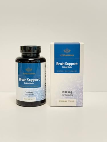 HERBAMAMA Brain Support Capsules – 1400mg Focus Supplement with Bacopa, Ginseng & Ginkgo | Vegan, Non-GMO, 100 Caps (Pack of 2)