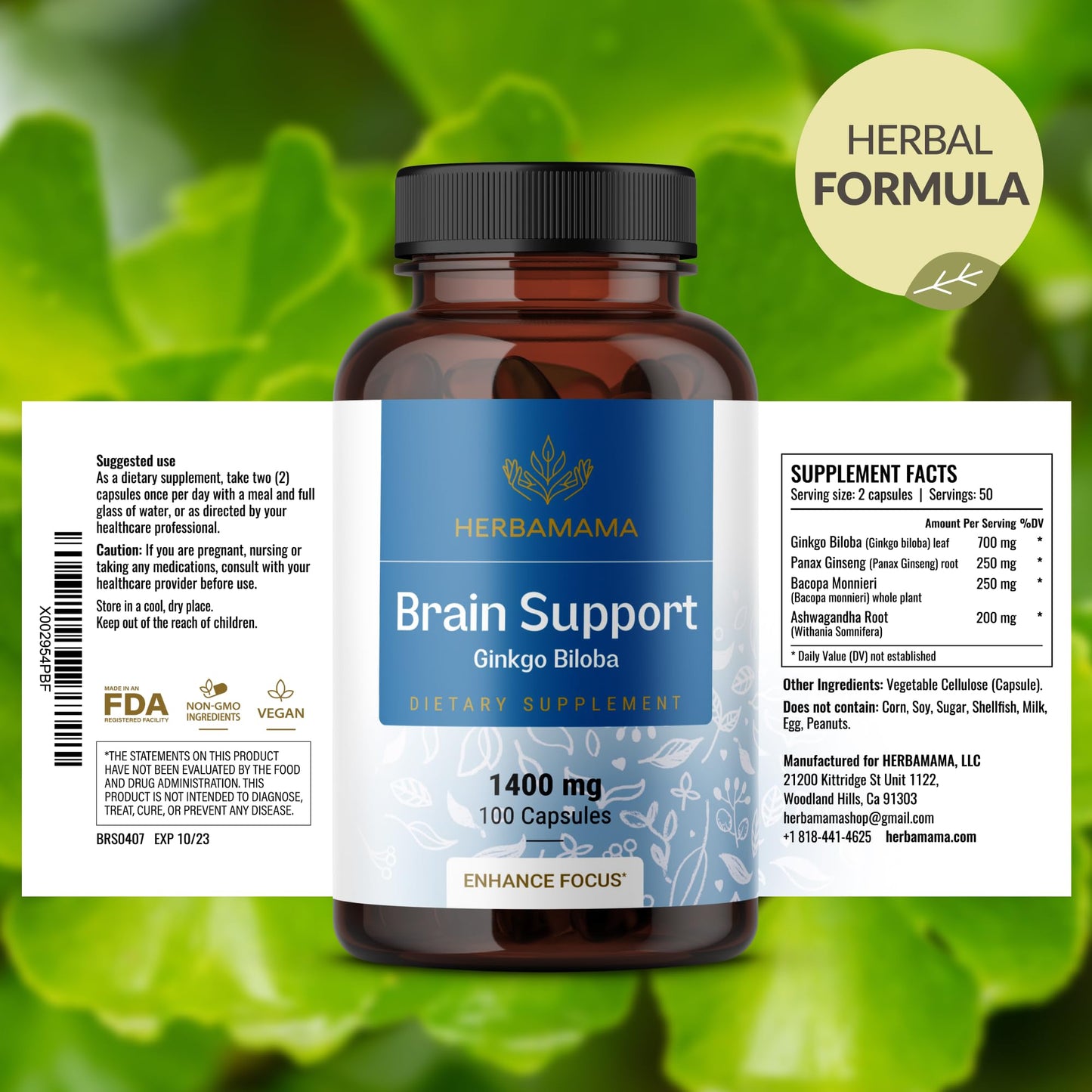 HERBAMAMA Brain Support Capsules – 1400mg Focus Supplement with Bacopa, Ginseng & Ginkgo | Vegan, Non-GMO, 100 Caps (Pack of 2)