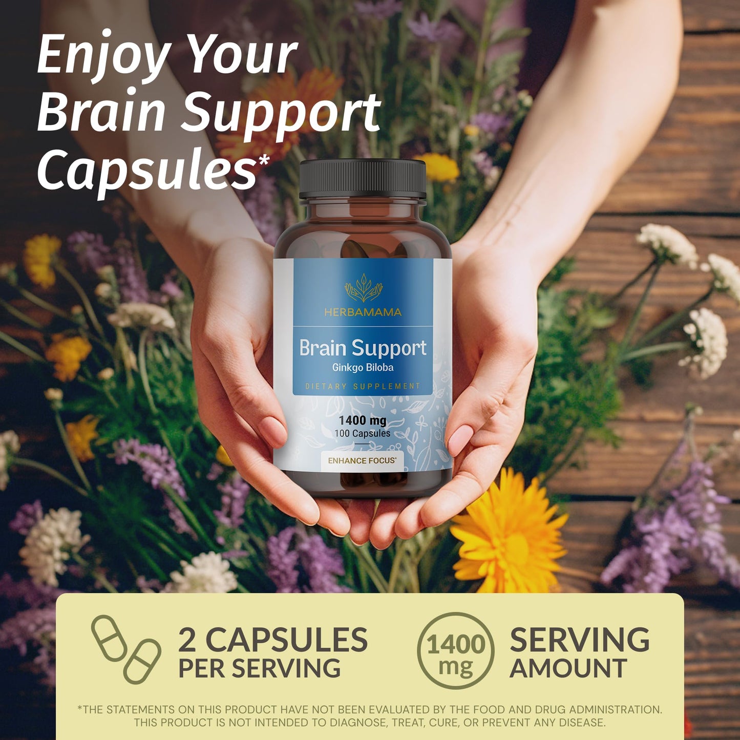 HERBAMAMA Brain Support Capsules – 1400mg Focus Supplement with Bacopa, Ginseng & Ginkgo | Vegan, Non-GMO, 100 Caps (Pack of 2)