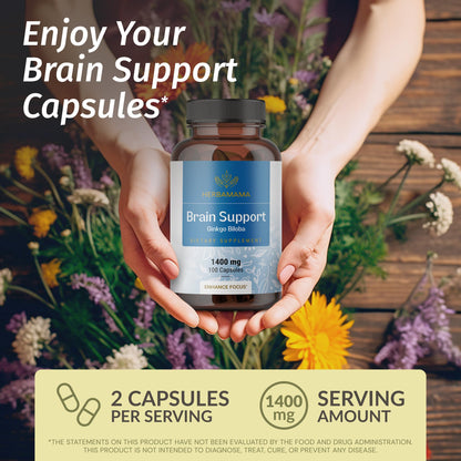 HERBAMAMA Brain Support Capsules – 1400mg Focus Supplement with Bacopa, Ginseng & Ginkgo | Vegan, Non-GMO, 100 Caps (Pack of 2)