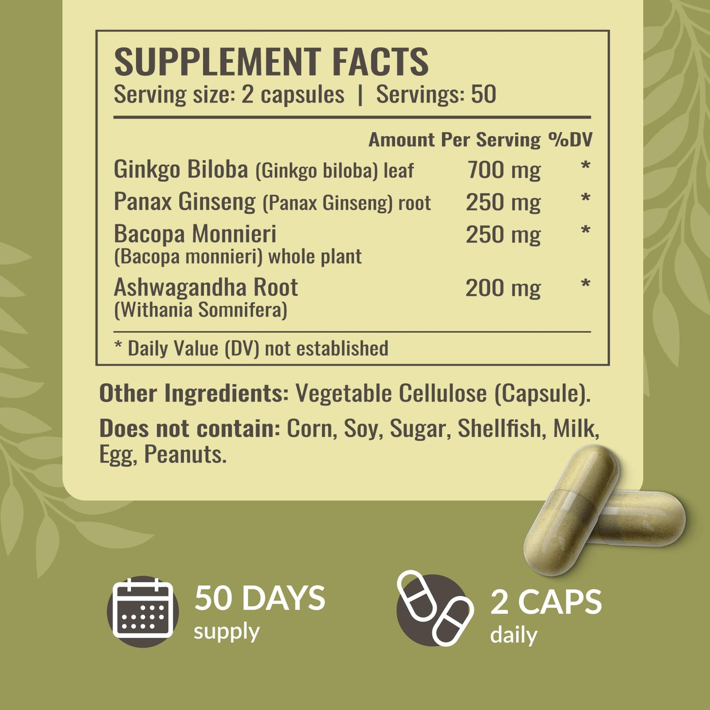 HERBAMAMA Brain Support Capsules – 1400mg Focus Supplement with Bacopa, Ginseng & Ginkgo | Vegan, Non-GMO, 100 Caps (Pack of 2)
