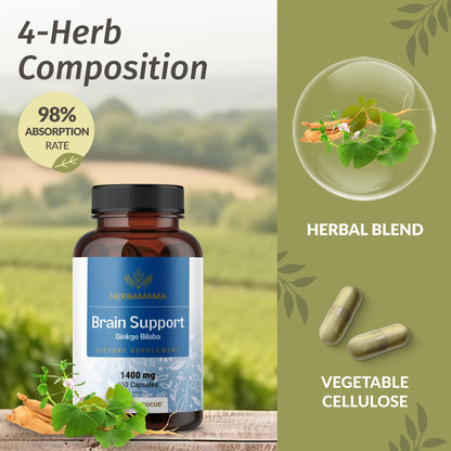 HERBAMAMA Brain Support Capsules – 1400mg Focus Supplement with Bacopa, Ginseng & Ginkgo | Vegan, Non-GMO, 100 Caps (Pack of 2)