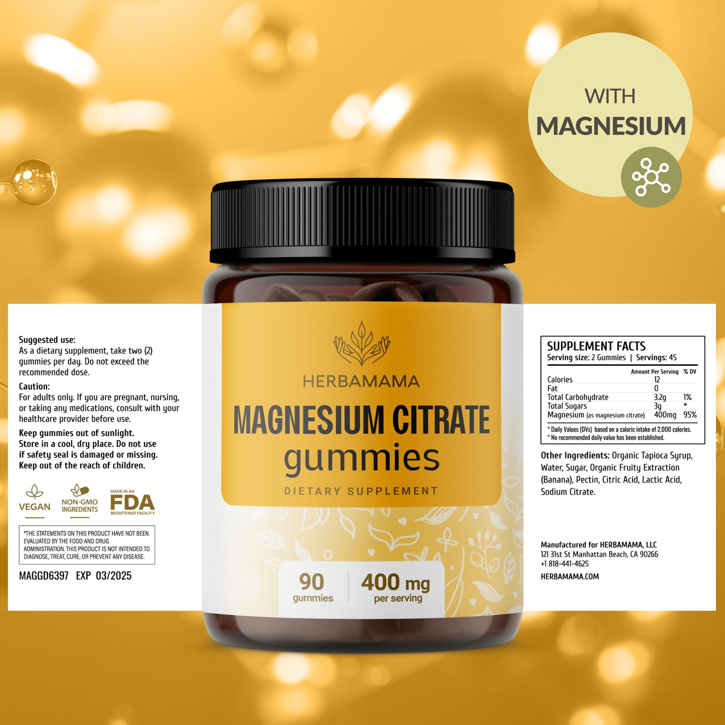 HERBAMAMA Calm Magnesium Gummies - 400mg Magnesium Citrate, Vegan & Non-GMO