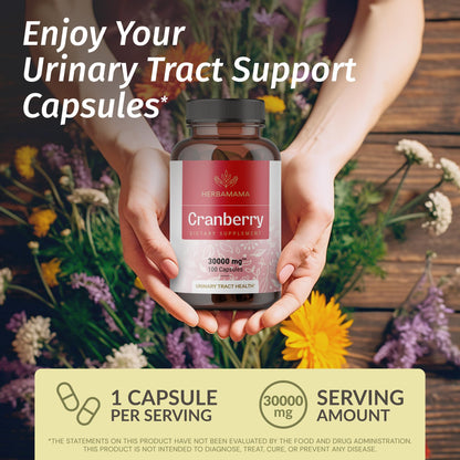 Herbamama Cranberry Extract Capsules – 30,000mg Cranberry Powder for Urinary Tract Support | Vegan, Non-GMO, 100 Caps (Pack of 2)