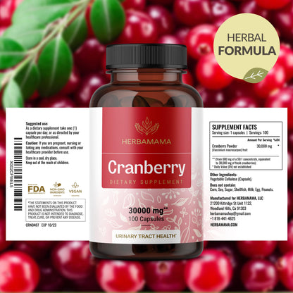Herbamama Cranberry Extract Capsules – 30,000mg Cranberry Powder for Urinary Tract Support | Vegan, Non-GMO, 100 Caps (Pack of 2)
