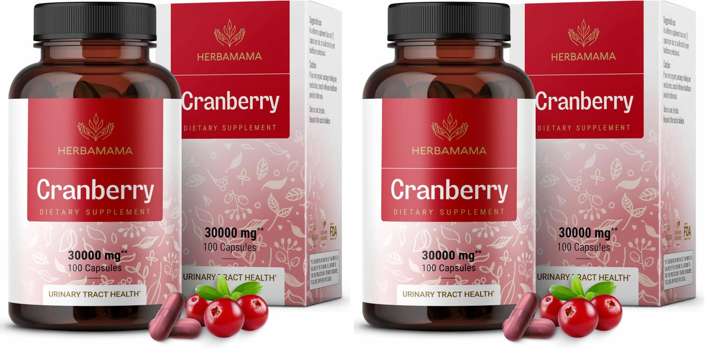 Herbamama Cranberry Extract Capsules – 30,000mg Cranberry Powder for Urinary Tract Support | Vegan, Non-GMO, 100 Caps (Pack of 2)