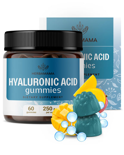 HERBAMAMA Hyaluronic Acid Gummies – 250mg Pure Hyaluronic Acid for Hair, Skin & Nails – Vegan, Non-GMO – 60 Pectin-Based Mango Chews