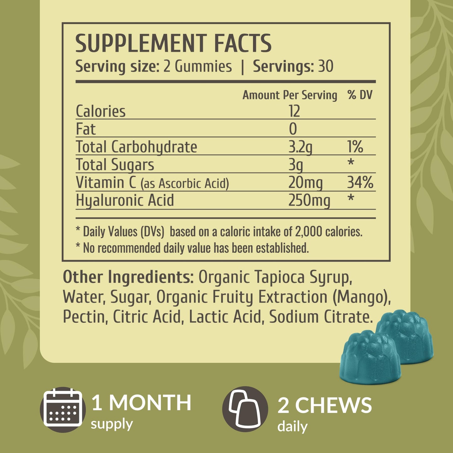 HERBAMAMA Hyaluronic Acid Gummies – 250mg Pure Hyaluronic Acid for Hair, Skin & Nails – Vegan, Non-GMO – 60 Pectin-Based Mango Chews