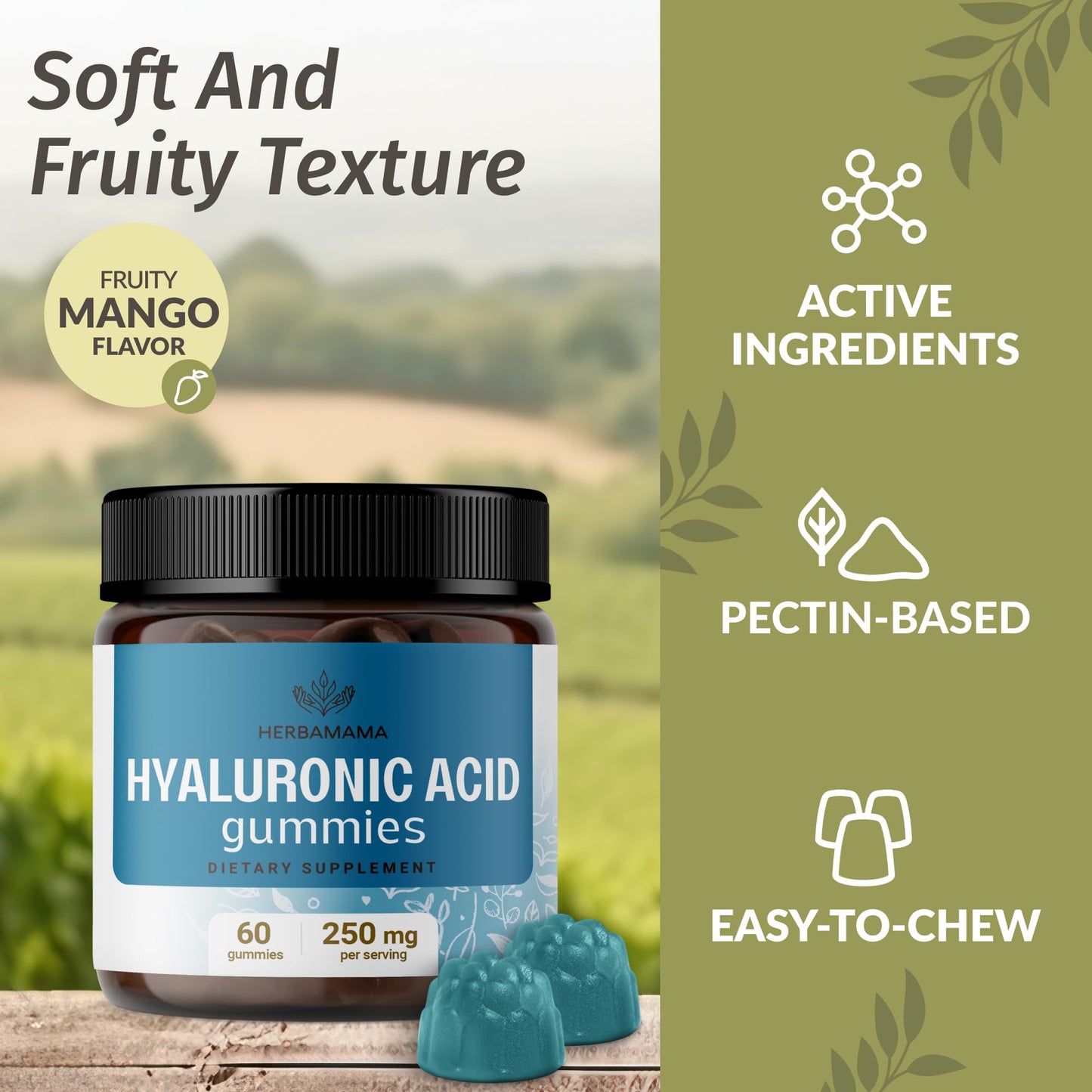 HERBAMAMA Hyaluronic Acid Gummies – 250mg Pure Hyaluronic Acid for Hair, Skin & Nails – Vegan, Non-GMO – 60 Pectin-Based Mango Chews