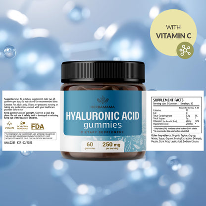 HERBAMAMA Hyaluronic Acid Gummies – 250mg Pure Hyaluronic Acid for Hair, Skin & Nails – Vegan, Non-GMO – 60 Pectin-Based Mango Chews
