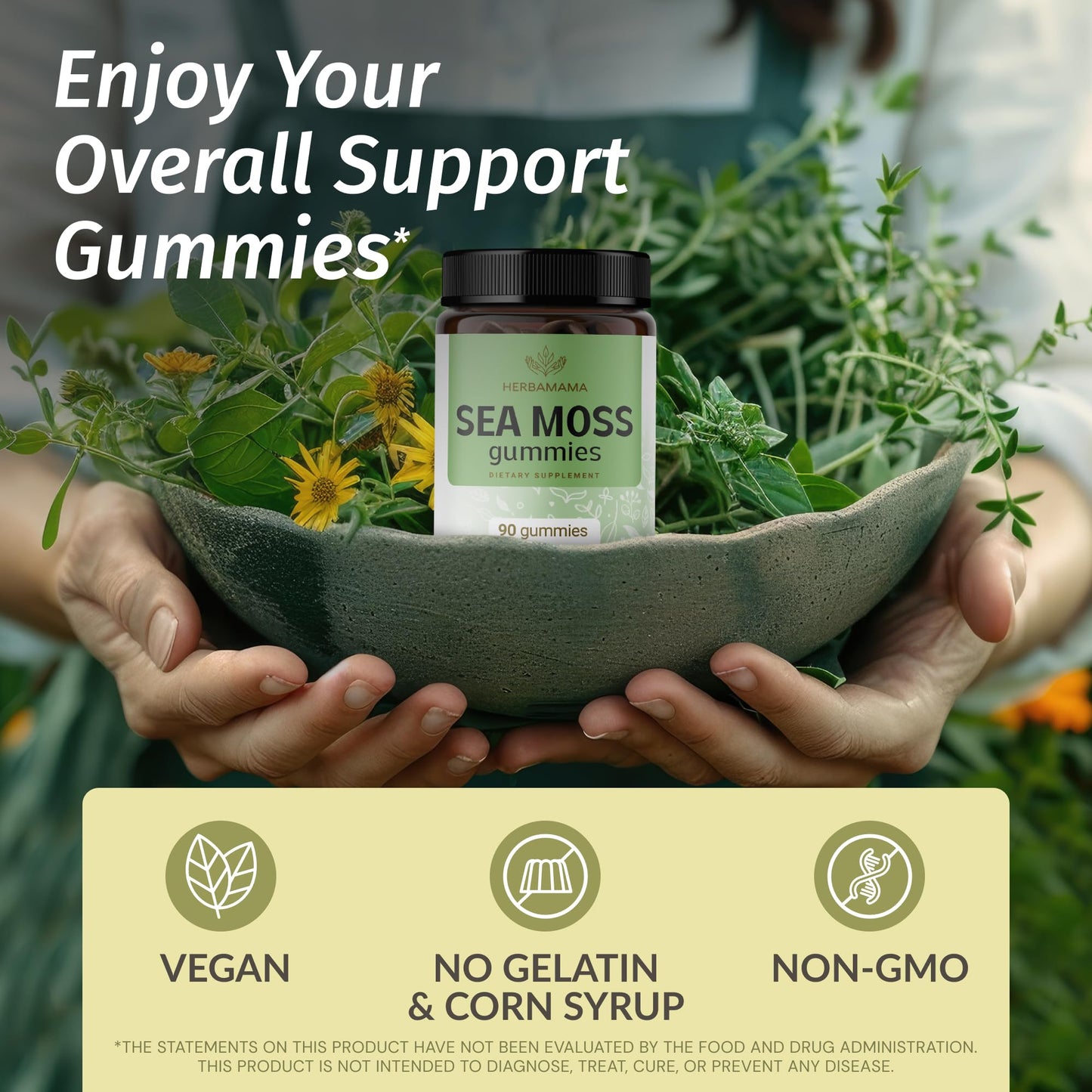 Herbamama Irish Sea Moss Gummies – 1600mg with Bladderwrack & Burdock Root | Vegan, Non-GMO