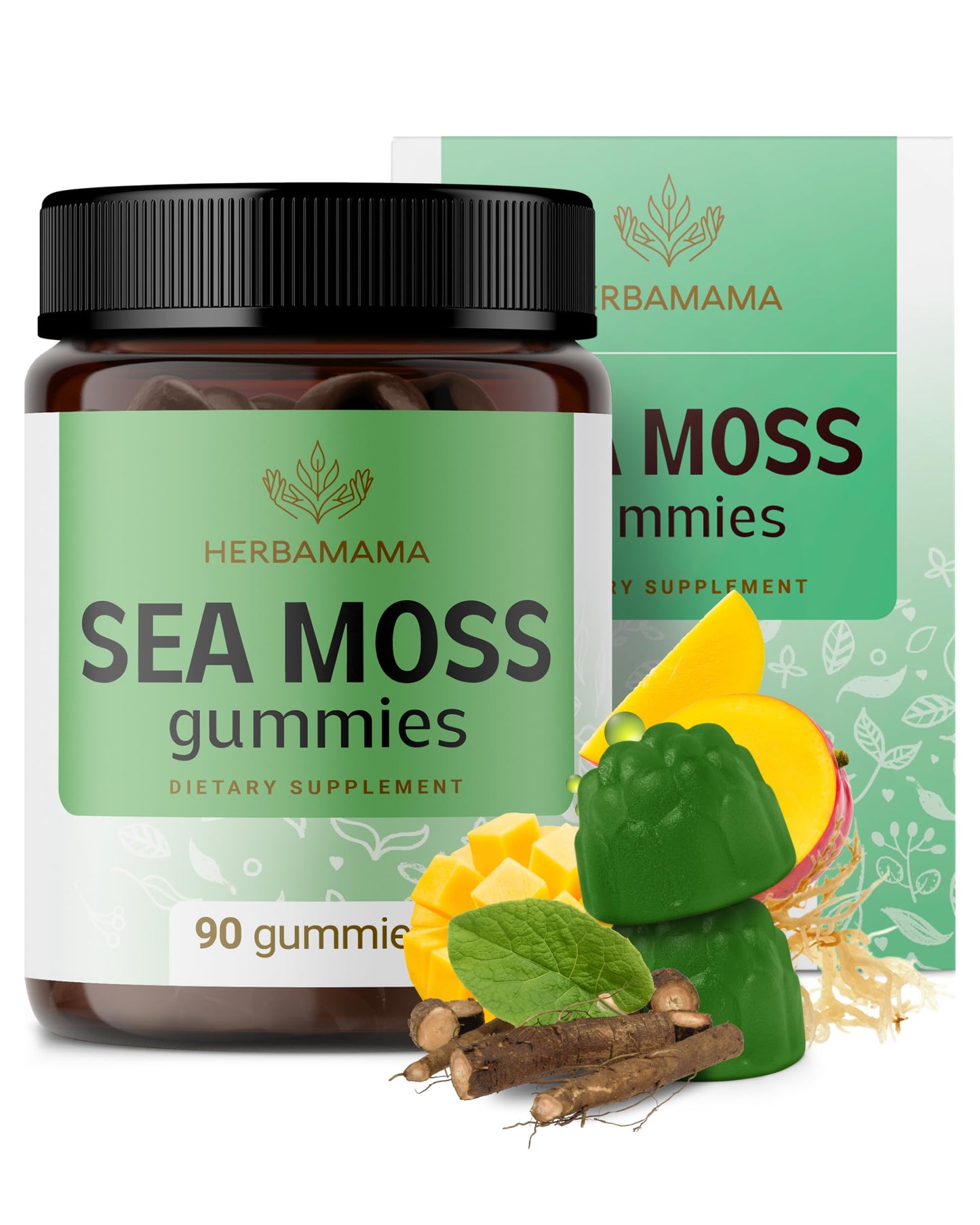 Herbamama Irish Sea Moss Gummies – 1600mg with Bladderwrack & Burdock Root | Vegan, Non-GMO