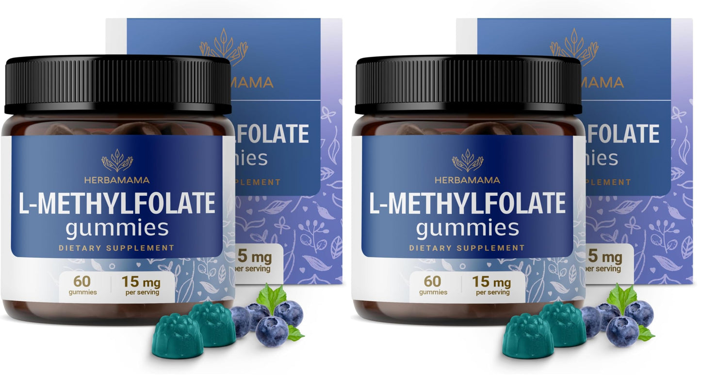 Herbamama L-Methylfolate Gummies 15mg - Calming Brain Support, Vegan & Non-GMO | 60 Blueberry Chews (Pack of 2)