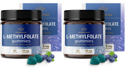 Herbamama L-Methylfolate Gummies 15mg - Calming Brain Support, Vegan & Non-GMO | 60 Blueberry Chews (Pack of 2)