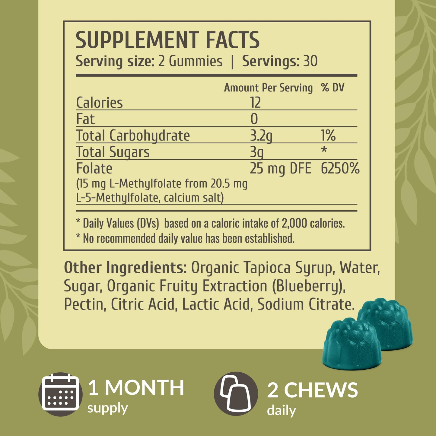 Herbamama L-Methylfolate Gummies 15mg - Calming Brain Support, Vegan & Non-GMO | 60 Blueberry Chews (Pack of 2)