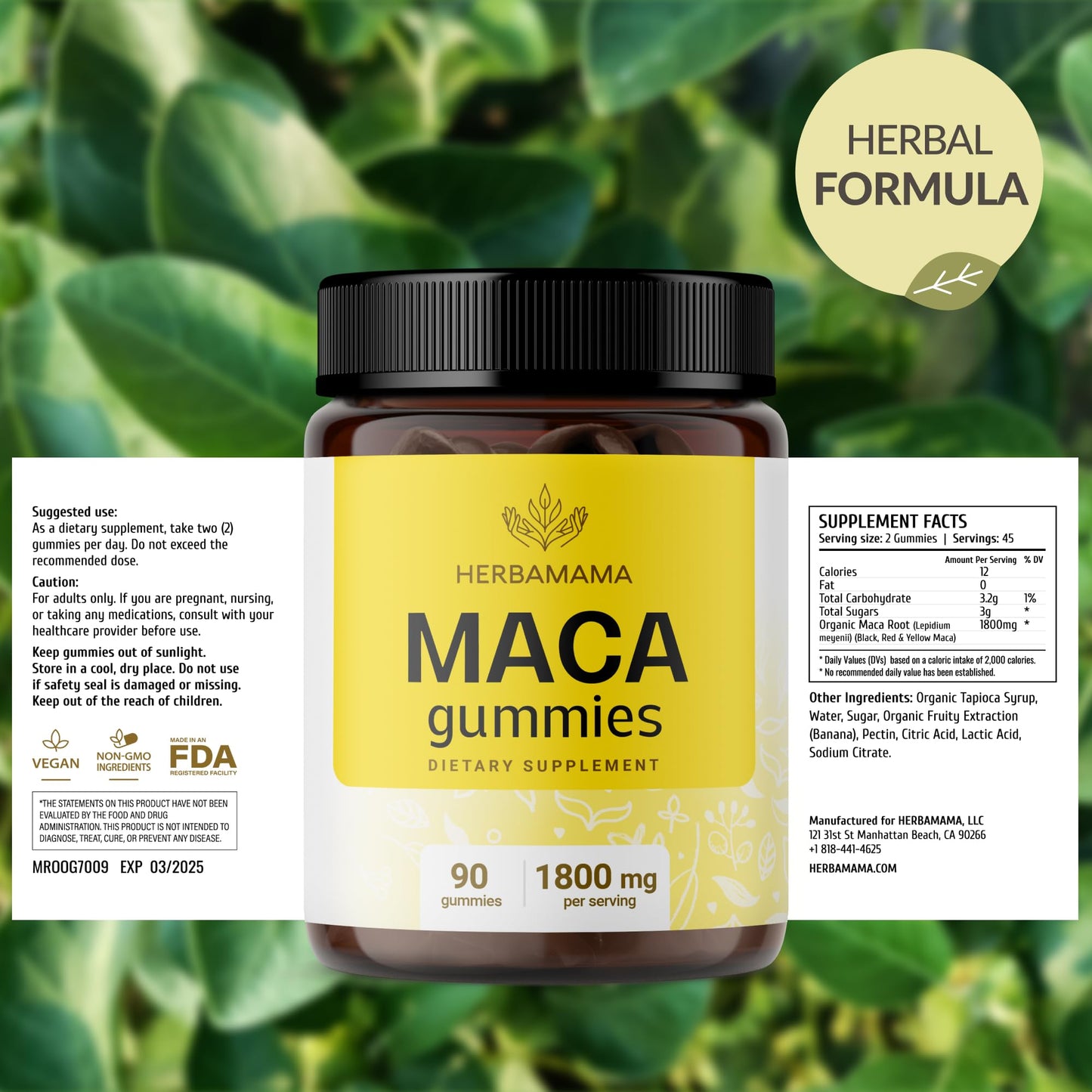 HERBAMAMA Maca Root Gummies - 1800mg Energy Support, Vegan & Non-GMO (Pack of 2)