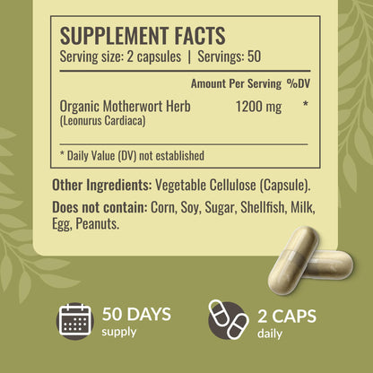 HERBAMAMA Motherwort Capsules 1200mg – Calm & Mood Support for Women | Vegan, Non-GMO