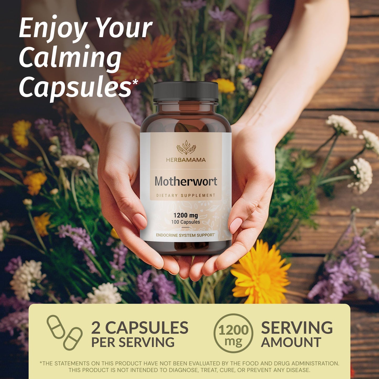 HERBAMAMA Motherwort Capsules 1200mg – Calm & Mood Support for Women | Vegan, Non-GMO