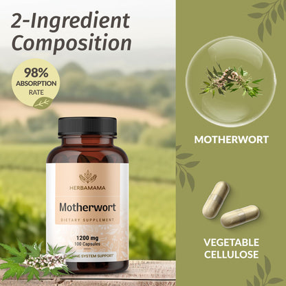 HERBAMAMA Motherwort Capsules 1200mg – Calm & Mood Support for Women | Vegan, Non-GMO