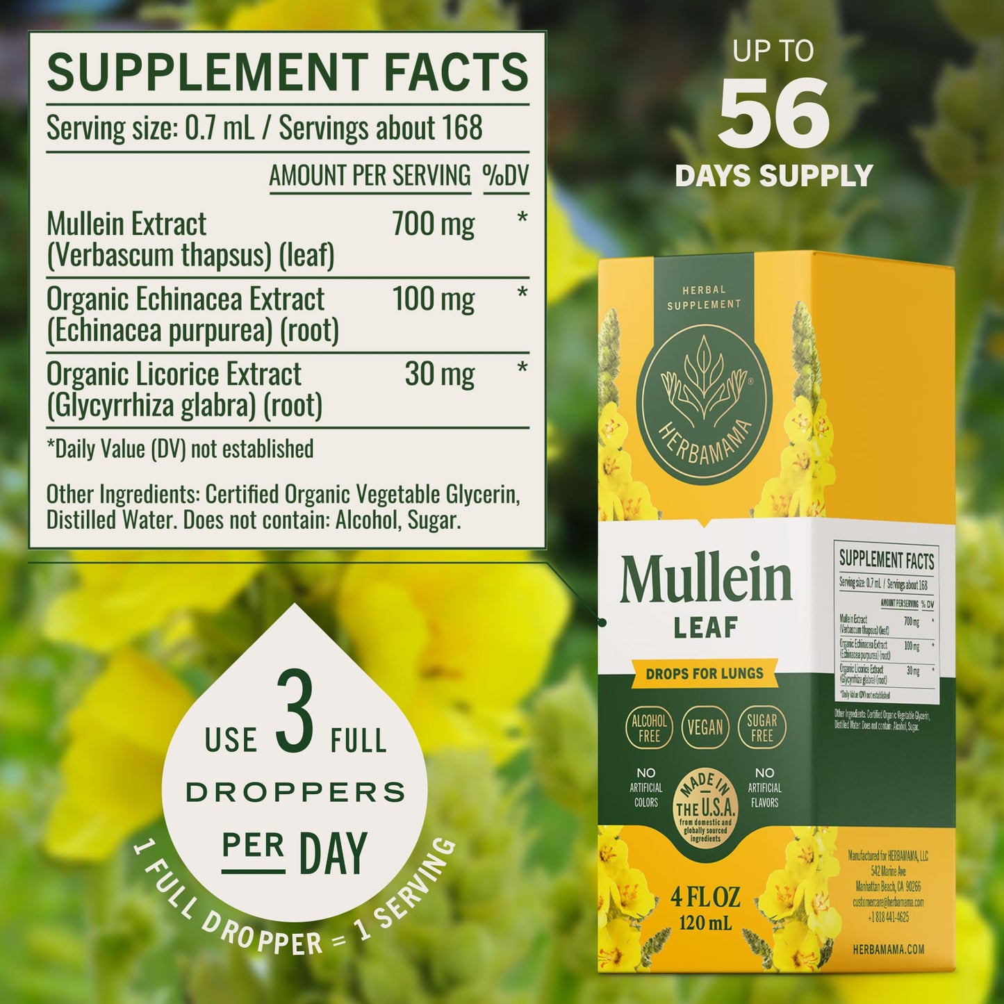 Herbamama Mullein Drops for Lungs - Vegan Lung Cleanse (56-Day Supply)