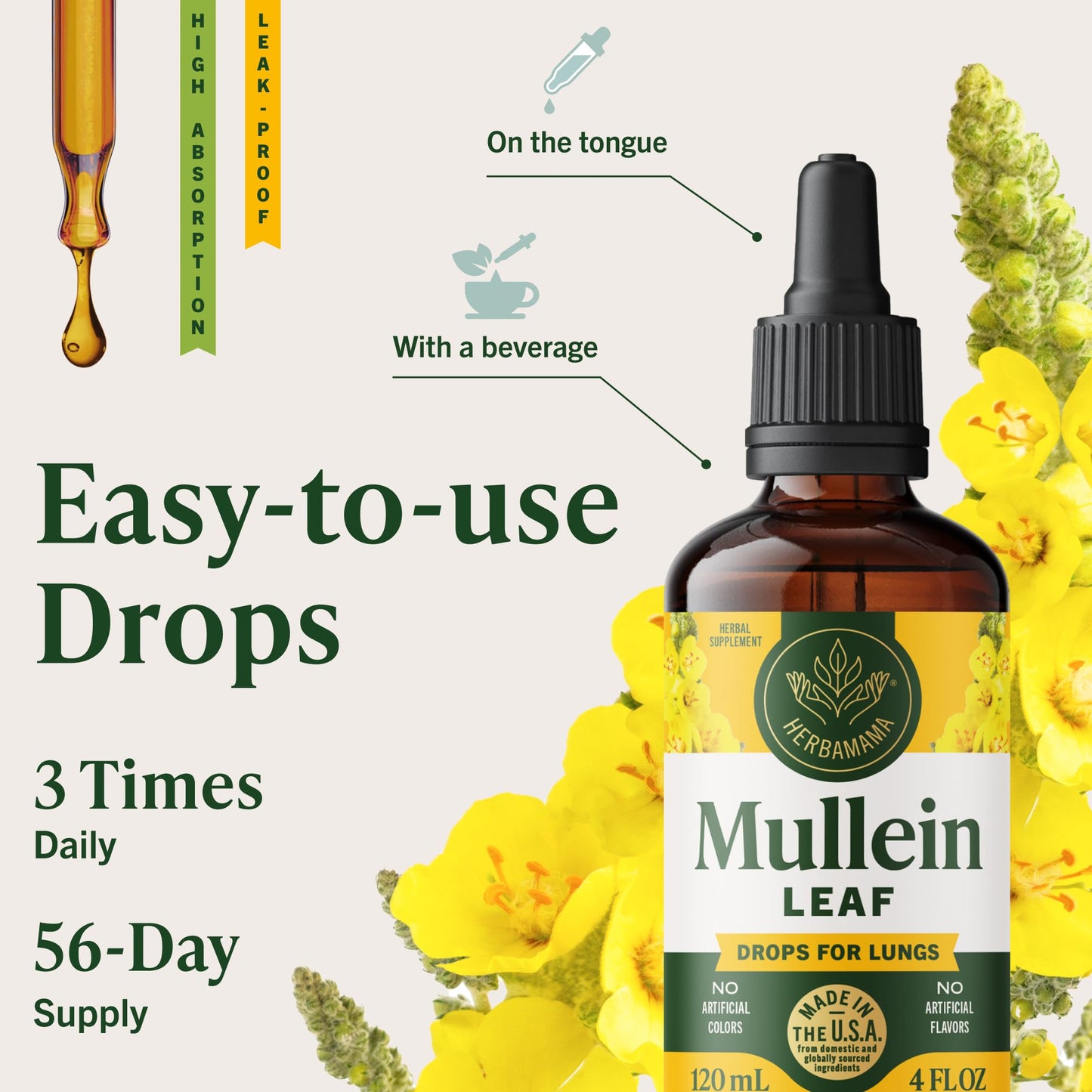 Herbamama Mullein Drops for Lungs - Vegan Lung Cleanse (56-Day Supply)