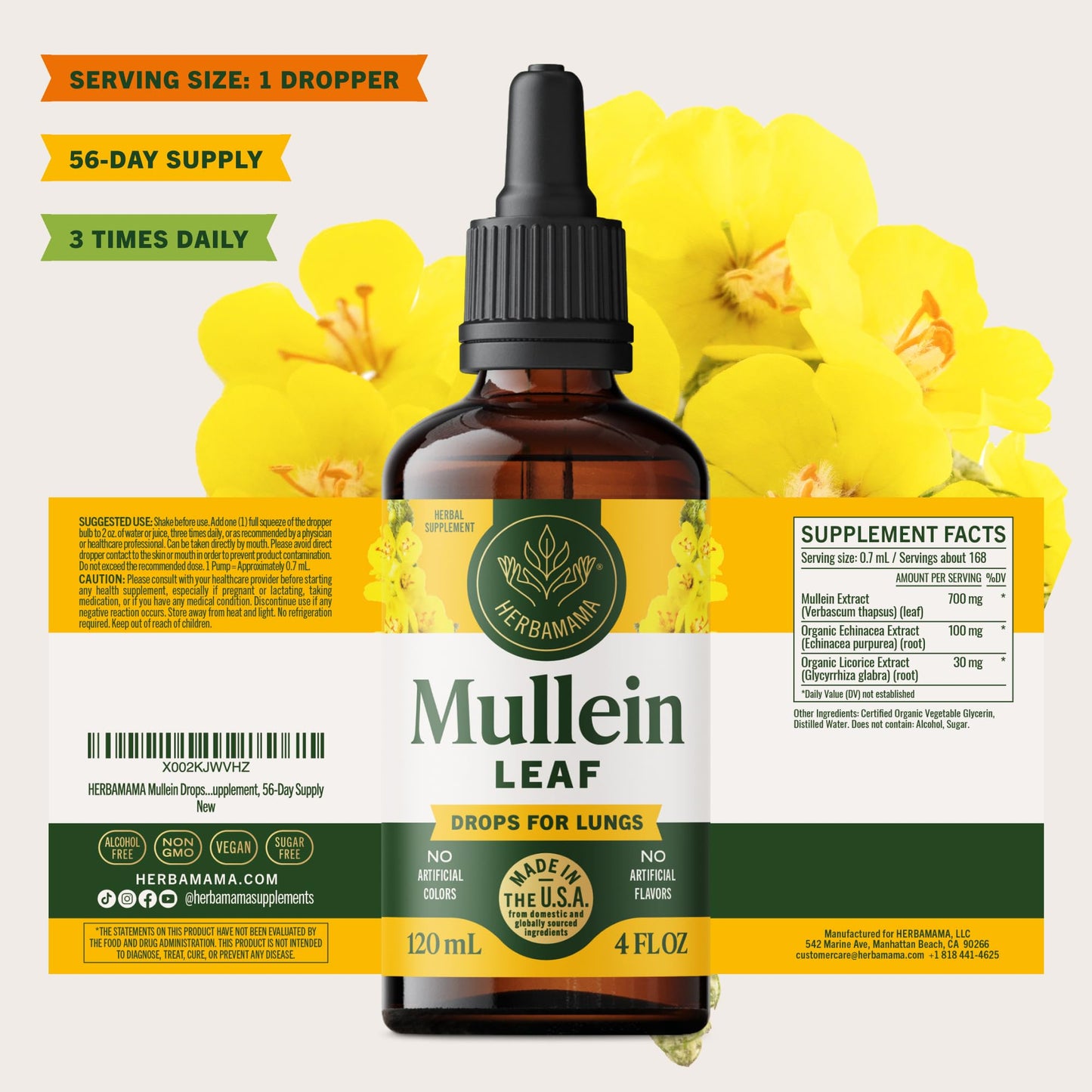 Herbamama Mullein Drops for Lungs - Vegan Lung Cleanse (56-Day Supply)
