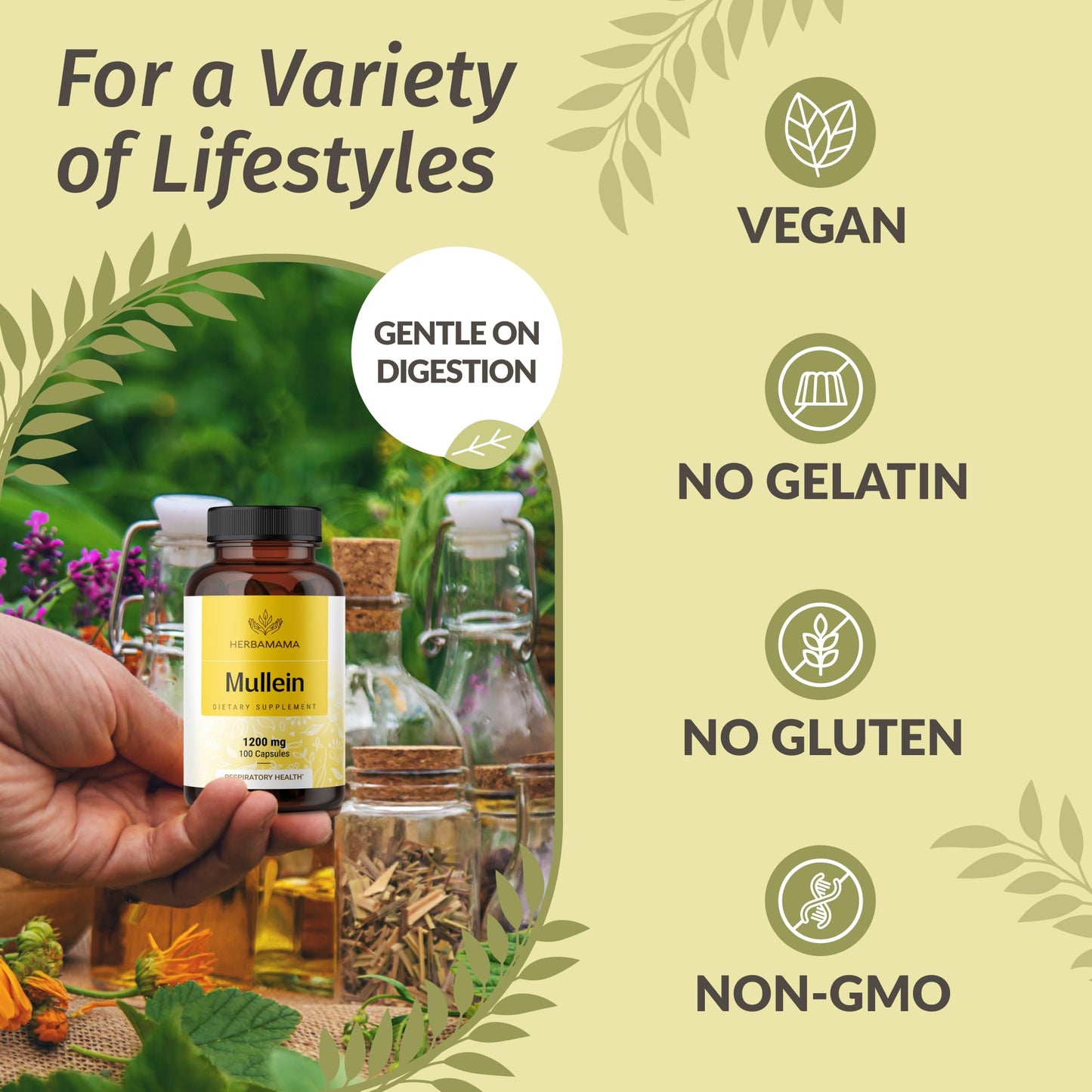 HERBAMAMA Mullein Leaf Capsules - 1200mg Lung Detox Support | Vegan & Non-GMO | Pack of 2