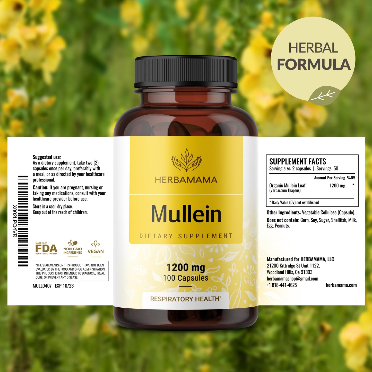 HERBAMAMA Mullein Leaf Capsules - 1200mg Lung Detox Support | Vegan & Non-GMO | Pack of 2