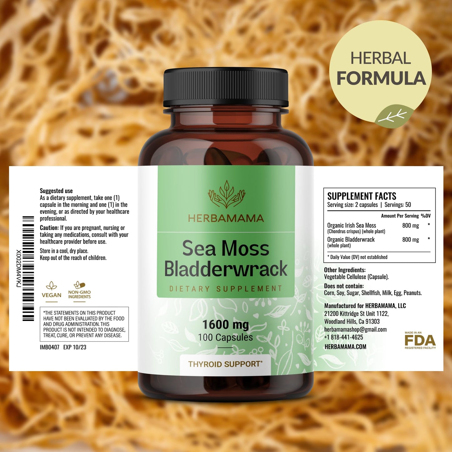 HERBAMAMA Sea Moss and Bladderwrack Capsules - 1600mg Irish Sea Moss for Immune Support - Vegan, Non-GMO Immunity Supplement for Overall Support