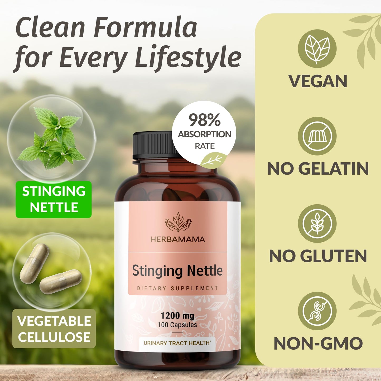 HERBAMAMA Stinging Nettle Capsules 1200mg Root Extract – Urinary Tract Support (Vegan, Non-GMO)