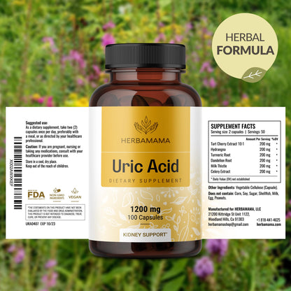 HERBAMAMA Uric Acid Cleanse Capsules - 1200mg Uric Acid Support (Tart Cherry, Milk Thistle, Celery Root) - Vegan, Non-GMO - Pack of 2