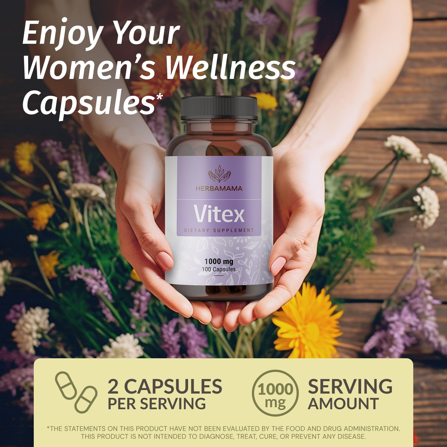HERBAMAMA Vitex Fruit Capsules - 1000mg Chaste Tree Berry Powder for Women's Support - Vegan, Non-GMO Pure Vitex Chasteberry Supplement for Women (Pack of 2)