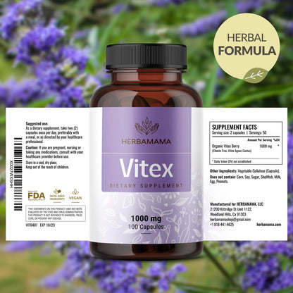 HERBAMAMA Vitex Fruit Capsules - 1000mg Chaste Tree Berry Powder for Women's Support - Vegan, Non-GMO Pure Vitex Chasteberry Supplement for Women (Pack of 2)
