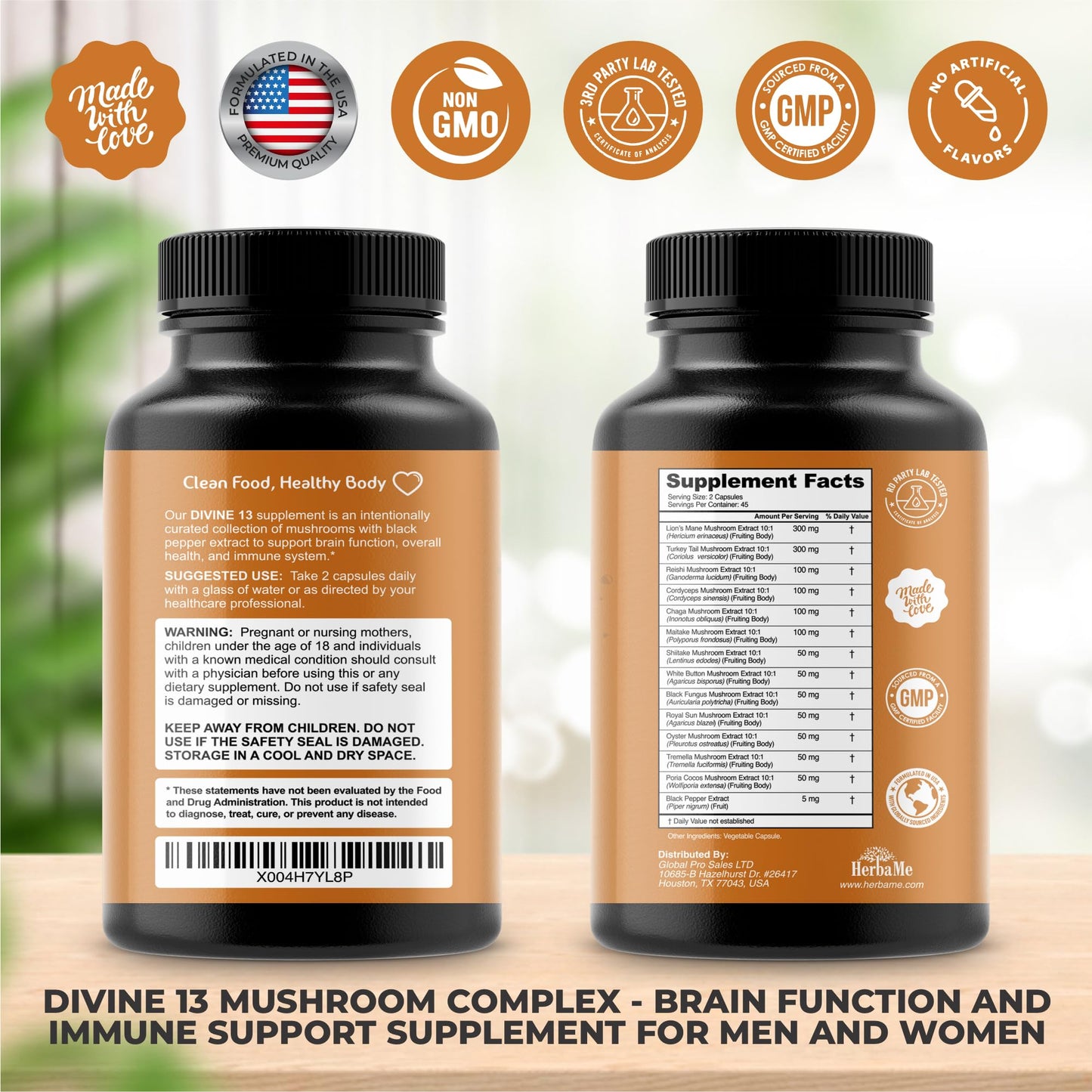 HerbaMe Mushroom Extract Complex with Black Pepper – Nootropic Brain Support & Immune Health | 90 Capsules