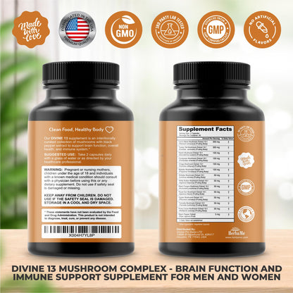 HerbaMe Mushroom Extract Complex with Black Pepper – Nootropic Brain Support & Immune Health | 90 Capsules